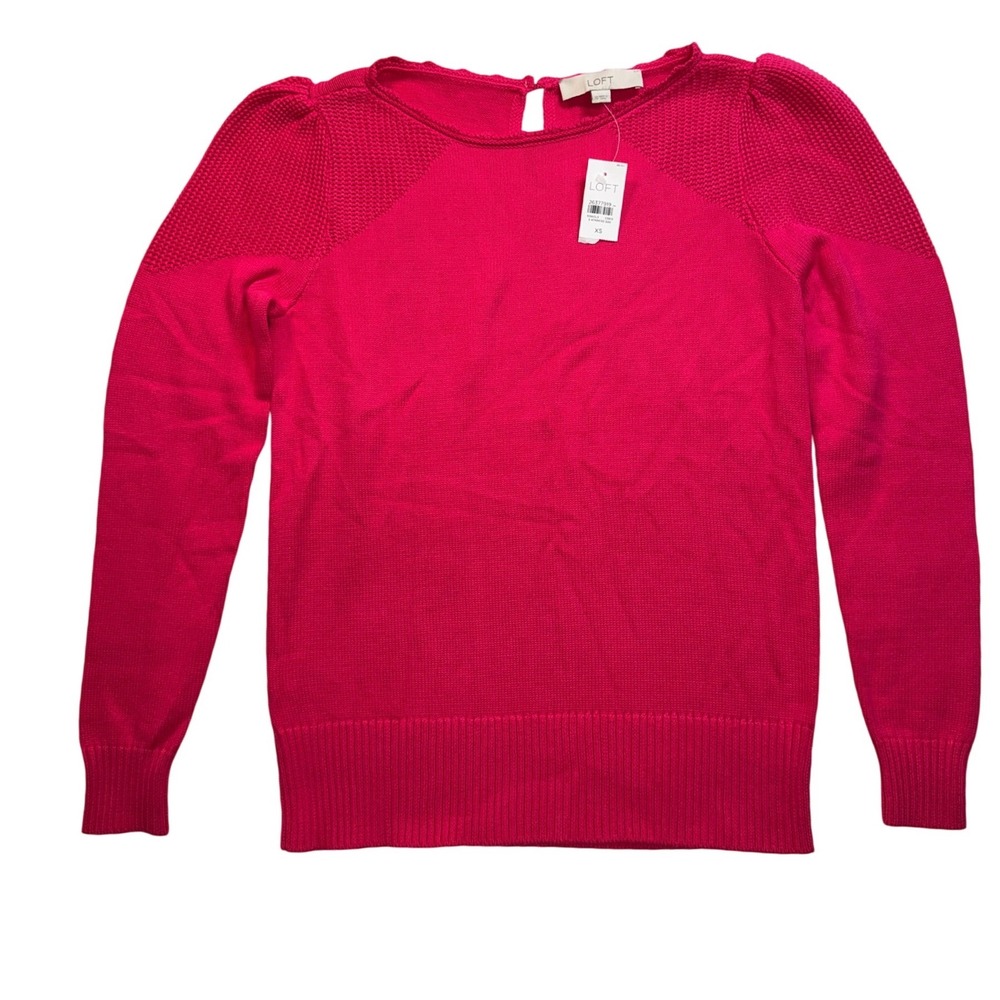 Loft Womens Pink Cotton Textured Raglan Puff Sleeve Keyhole Sweater XS NEW